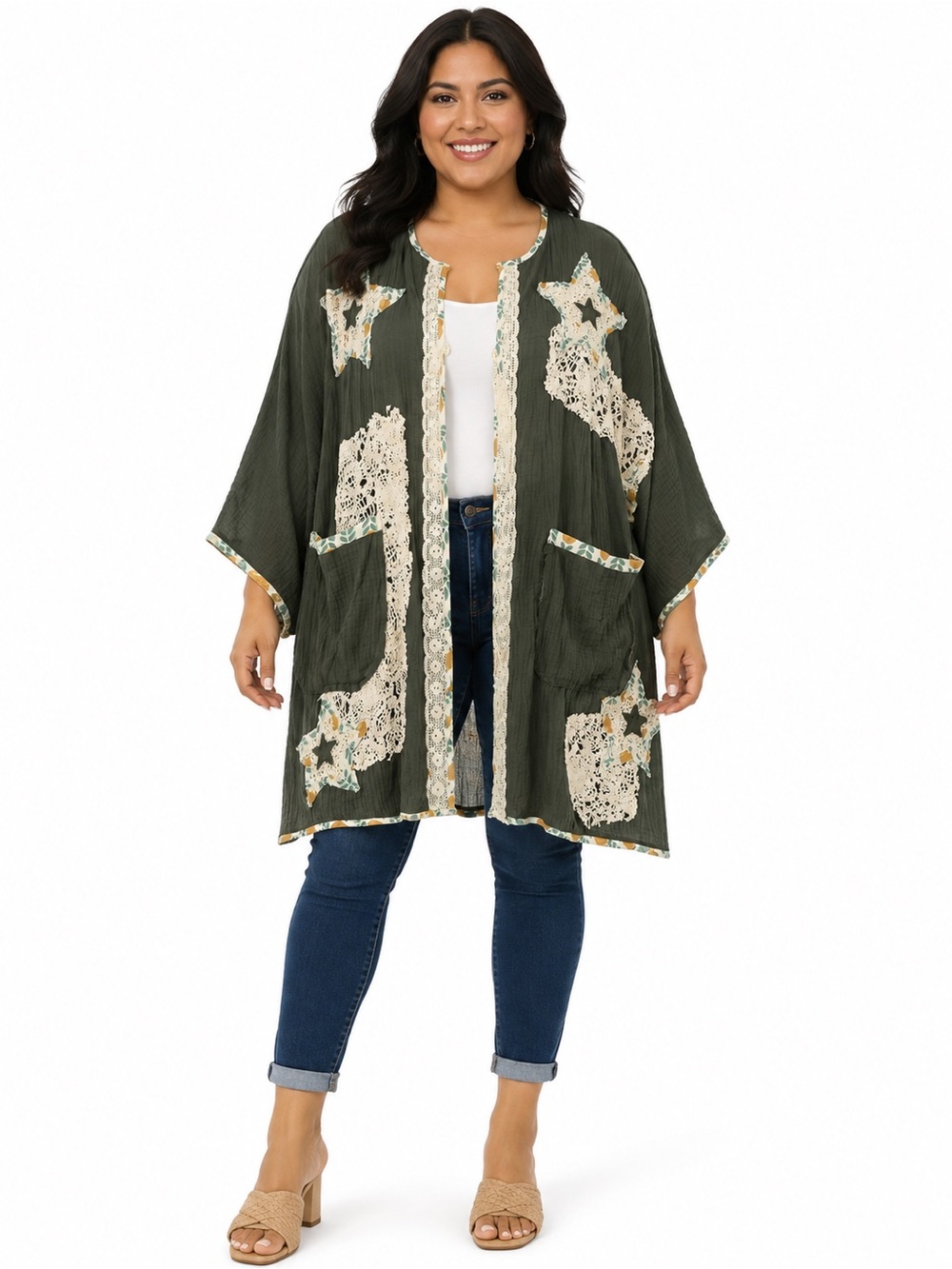 POL Olive Green Kimono Duster with Cream Lace Stars